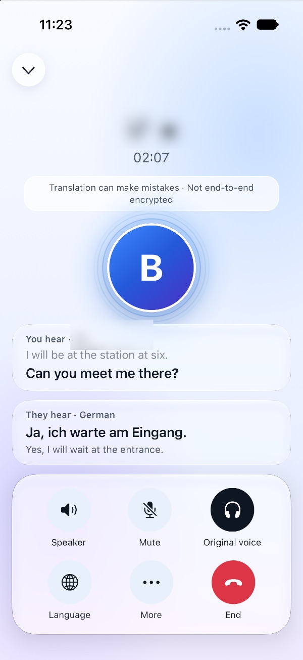 A translated call in AviNat, with captions of what each person said and its translation